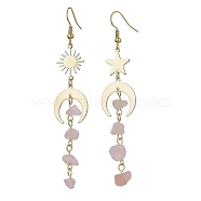 Moon & Sun & Star Brass Asymmetrical Earrings, Natural Rose Quartz Chips Tassel Earrings, 76~85x18mm(EJEW-JE05461-02)