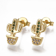 Brass Micro Pave Cubic Zirconia Ear Studs, with Ear Nuts, Cactus, Golden, 12x7mm, Pin: 0.7mm(EJEW-S201-82)