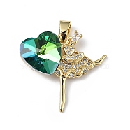 Real 18K Gold Plated Rack Plating Brass Micro Pave Clear Cubic Zirconia Pendants, with Glass, Long-Lasting Plated, Cadmium Free & Lead Free, Dancer with Heart Charm, Light Sea Green, 23x24.5x8.2mm, Hole: 5x3.2mm(KK-C015-15G-09)
