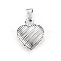 304 Stainless Steel Pendants, Puffed Heart with Stripe Pattern, Stainless Steel Color, 21.5x18x6mm, Hole: 7x3mm(STAS-P209-46P)