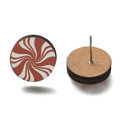 Christmas Printed Wood Stud Earrings for Women, with 316 Stainless Steel Pin, Platinum, Round, 14.5~15mm, Pin: 0.6mm(EJEW-U025-01G)