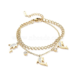 Ion Plating(IP) 304 Stainless Steel Chains Double Layer Multi-strand Bracelet, with Rhinestone Dolphin Charms, Golden, 6-3/4 inch(17.3cm)(BJEW-F466-02G)