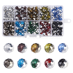 300Pcs 10 Colors Electroplate Transparent Glass Beads, Half Silver Plated, Faceted, Rondelle, Mixed Color, 8x6mm, Hole: 1mm, 30pcs/color(EGLA-SW0001-02)