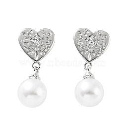 Heart Rack Plating Brass Studs Earrings for Women, Plastic Pearl Dangle Earrings, Long-Lasting Plated, Lead Free & Cadmium Free, Platinum, 24x11mm(KK-Z038-03P)