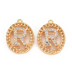 Brass Micro Pave Clear Cubic Zirconia Pendants, Nickel Free, Real 18K Gold Plated, Oval with Word, Letter.R, 17x13x3mm, Hole: 1mm(KK-S360-143R-NF)