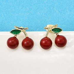 Brass Enamel Stud Earrings, Real 18K Gold Plated, Cherry, 13.5x15.5mm(EJEW-G430-06A-G)