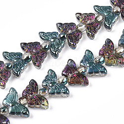 Electroplate Glass Beads Strands, Butterfly, Purple, 7.5~8x14.5~15x4mm, Hole: 0.8mm, about 66~69pcs/strand, 23.23~24.41 inch(59~62cm), Beads: 3x4mm, Hole: 1mm(EGLA-N012-04O)