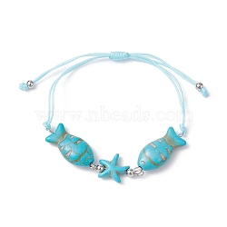 Fish & Starfish Synthetic Turquoise Braided Bead Bracelets, Adjustable Nylon Thread Bracelets for Women, Inner Diameter: 1~3-1/8 inch(2.6~8cm)(BJEW-JB09820)