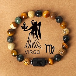 Twelve Constellations Natural Tiger Eye & Picture Jasper & Rhyolite Jasper Round & Column Beaded Stretch Bracelets for Women Men, with Gift Card, Virgo, 2-3/8 inch(6cm)(WG6FA5D-08)