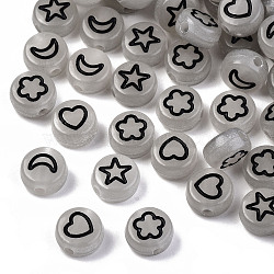 Luminous Acrylic Beads, Flat Round, Moon & Heart, Flower & Star, Black, 7x4mm, Hole: 1.5mm, about 3700pcs/500g(LACR-N001-003)