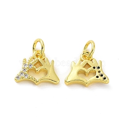 Brass Micro Pave Clear Cubic Zirconia Charms, with Jump Ring, Hand with Heart, Real 18K Gold Plated, 9x11x2mm, Hole: 3.2mm(KK-E068-VF074)