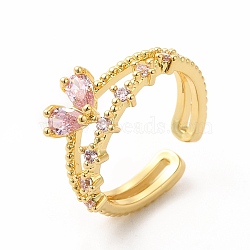 Pink Cubic Zirconia Heart Open Cuff Ring, Brass Jewelry for Women, Golden, Inner Diameter: 16mm(KK-A180-57G)