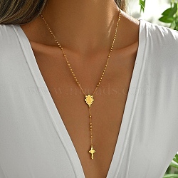 201 Stainless Steel Rosary Bead Necklaces, Portrait Cross Tassel Necklaces for Women, Golden, Oval, 20.47 inch(52cm)(SM3899-3)
