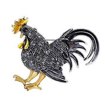 Rhinestone Rooster Brooch Pin, Chinese Zodiac Alloy Badge for Backpack Clothes, Black, 65x50mm