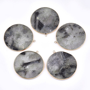 Natural Labradorite Big Pendants, with Brass Findings, Flat Round, Golden, 54~56x50~52x3mm, Hole: 2mm