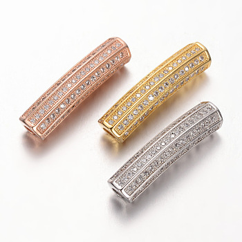 Brass Micro Pave Cubic Zirconia Tube Beads, Cadmium Free & Nickel Free & Lead Free, Clear, Mixed Color, 27x6mm, Hole: 3mm