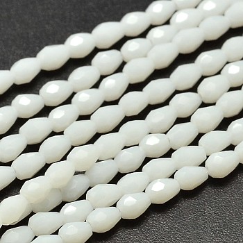 Imitation Jade Faceted Teardrop Glass Beads Strands, White, 5x3mm, Hole: 1mm, about 100pcs/strand, 17.7 inch~19.6 inch