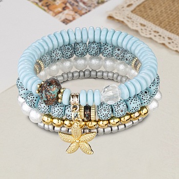 4Pcs 4 Styles Synthetic Moonstone & Pearl Stretch Bracelets Set, Bodhi Stackable Bracelets with Starfish Charms
