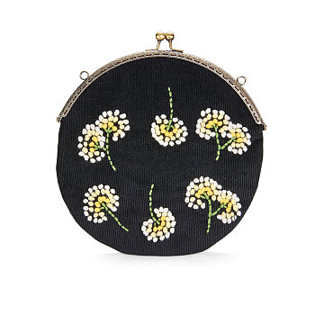SHEGRACE Corduroy Women Evening Bag, with Embroidered Milk Cotton Flowers, Alloy Flower Purse Frame Handle, Alloy Twisted Curb Chain, Black, 210mm