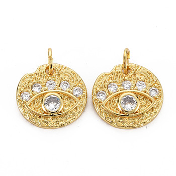 Brass Micro Pave Cubic Zirconia Charms, with Jump Rings, Nickel Free, Flat Round with Eye, Real 16K Gold Plated, 13.5x14x2.5mm, Jump Ring: 5x1mm, 3mm inner diameter