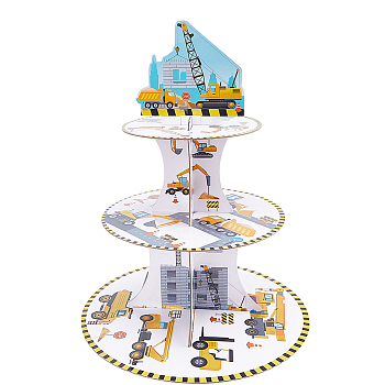 3-Tier Paper Cake Display Stand, Cartoon Style Cake Holder for Kids, Excavator Pattern, Vehicle Pattern, 290x378mm