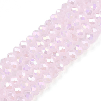 Electroplate Glass Beads Strands, Imitation Jade Beads, AB Color Plated, Faceted, Rondelle, Misty Rose, 3.5~3.8x3mm, Hole: 0.4mm, about 113~115pcs/strand, 12.80~12.99 inch(32.5~33cm)