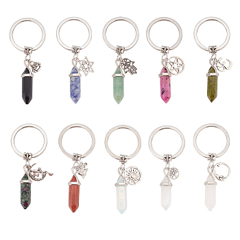 10Pcs Bullet Gemstone Pendant Keychain, with Alloy Pendant and 304 Stainless Steel Key Rings, 7.6cm
