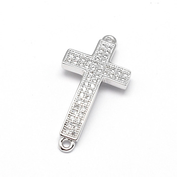 Curved Latin Sideways Cross Brass Micro Pave Cubic Zirconia Links, Clear, Cadmium Free & Nickel Free & Lead Free, Real Platinum Plated, 25x13x2mm, Hole: 1mm