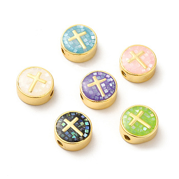 Rack Plating Brass Enamel Beads, with Shell Chips, Long-lasting Plated, Cadmium Free & Lead Free,Flat Round with Cross, Golden, Mixed Color, 11x4.5mm, Hole: 1.8mm