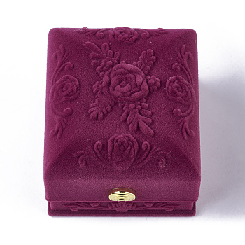 Rose Flower Pattern Velvet Ring Jewelry Boxes, with Cloth and Plastic, Rectangle, Medium Violet Red, 6.3x7.4x5.7cm