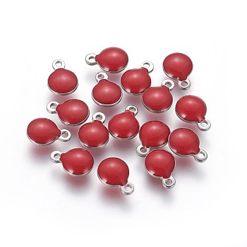 304 Stainless Steel Enamel Charms, Enamelled Sequins, Flat Round, Stainless Steel Color, Dark Red, 13.5x10x3.5~4mm, Hole: 1.4mm