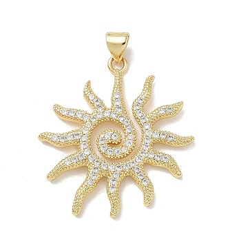 Brass Clear Cubic Zirconia Pendants, Sun Charms, Long-Lasting Plated, Lead Free & Cadmium Free, Real 18K Gold Plated, 31x28.5x2.5mm, Hole: 5x3.5mm