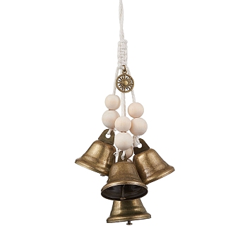Iron Bell Pendant Decoration, Alloy Sun & Wood Beads and Jute Cord for Home Door Hanging Ornaments, Antique Bronze, 260mm