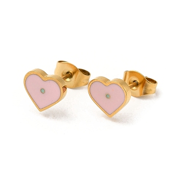 Ion Plating(IP) 304 Stainless Steel Stud Earrings with Pink Enamel, Heart Shape, Real 18K Gold Plated, 7x8mm