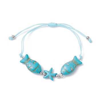 Fish & Starfish Synthetic Turquoise Braided Bead Bracelets, Adjustable Nylon Thread Bracelets for Women, Inner Diameter: 1~3-1/8 inch(2.6~8cm)