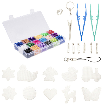 DIY Fuse Beads Sets, with ABC Pegboards, PE Fuse Beads, Iron Pad Ring Base Findings and Iron Keychain Findings, Mixed Color, 25x16.5x7cm