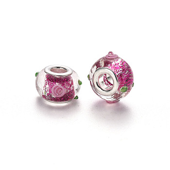 Handmade Lampwork European Beads, Large Hole Beads, Rondelle with Flower, Bumpy Beads, with Glitter Powder, Platinum Tone Brass Double Cores, Camellia, 15~16x9~10mm, Hole: 5mm