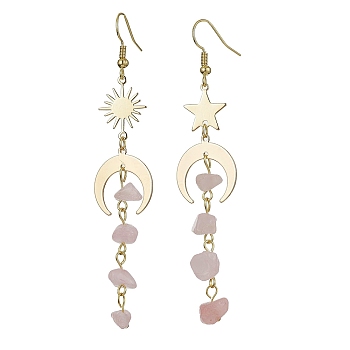 Moon & Sun & Star Brass Asymmetrical Earrings, Natural Rose Quartz Chips Tassel Earrings, 76~85x18mm