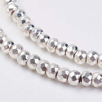 Non-magnetic Synthetic Hematite Beads Strands, Faceted, Rondelle, Silver Plated, 3x2mm, Hole: 1mm, about 188~205pcs/strand, 14.7 inch~15.7 inch