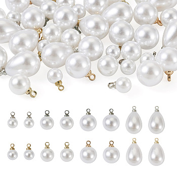 48Pcs 8 Style Acrylic Imitation Pearl Charms, with Alloy Findings, Round & Teardrop, Platinum & Golden, 9~13x6~10mm, Hole: 1.4~1.6mm, 6pcs/style