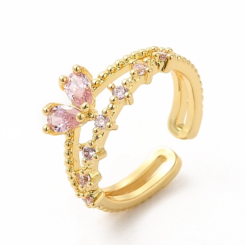 Pink Cubic Zirconia Heart Open Cuff Ring, Brass Jewelry for Women, Golden, Inner Diameter: 16mm