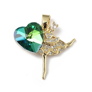 Real 18K Gold Plated Rack Plating Brass Micro Pave Clear Cubic Zirconia Pendants, with Glass, Long-Lasting Plated, Cadmium Free & Lead Free, Dancer with Heart Charm, Light Sea Green, 23x24.5x8.2mm, Hole: 5x3.2mm