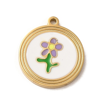 304 Stainless Steel Enamel Pendants, Flat Round with Flower Charm, Real 14K Gold Plated, 16x14x1mm, Hole: 1mm