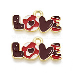 Valentine's Day Alloy Enamel Pendants, Word LOVE Charms, Golden, Dark Red, 13x23x1mm, Hole: 2mm(ENAM-T023-19A)