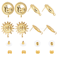 Nbeads 4 Pairs 2 Style Brass Stud Earring Findings, with Loop and Cubic Zirconia, Sun & Moon, Golden, 23x18.5~20x3~4mm, Hole: 1.6mm, Pin: 0.7~1mm, 2 pairs/style(KK-NB0002-50)