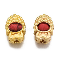 4-Hole Synthetic Turquoise Beads, Dyed, with Brass Findings, Hollow, Matte Gold Color, Red, 10.5x7.5x6.5mm, Hole: 2mm(KK-S310-36B)