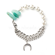 Natural Amazonite & Shell Pearl Beaded Bracelet for Girl Women, Moon Charm Bracelet, 304 Stainless Steel Cuban Link Bracelet, Stainless Steel Color, 7-1/2 inch(19cm)(X1-BJEW-TA00022)