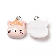 Opaque Resin Pendants, with Platinum Tone Iron Loops, Animals Charm, Pink, Cat Pattern, 19x16x5.5mm, Hole: 2mm(RESI-J023-15H)