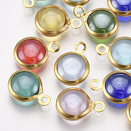 Handmade Lampwork Charms, with 304 Stainless Steel Findings, Flat Round, Golden, Mixed Color, 12x8.5~9x3~3.5mm, Hole: 1.5mm(STAS-T045-16B-G)