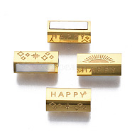 316 Surgical Stainless Steel Beads, with Shell, Real 14K Gold Plated, Hexagon with Word Happy, Seashell Color, 12x6x6mm, Hole: 2mm(X-STAS-N097-060)
